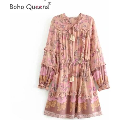 Boho Queens women floral print long sleeve beach bohemian dress ladies tassel v-neck ruffles rayon happie mini dress vestidos