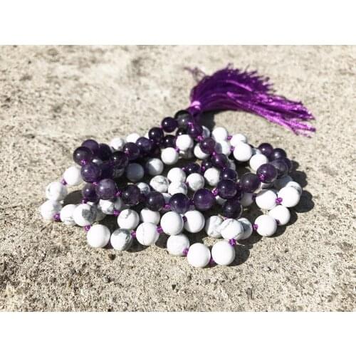 108 Mala Beads Prayer Tassel Necklace Knotted Necklace Yoga Necklaces Buddha Jewelry White Howlite and Purple Quartz Necklaces