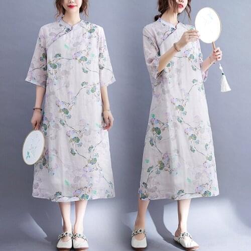 2021 chinese tradition style cheongsam women cotton and linen casual qipao dress short-sleeved design floral printing dress