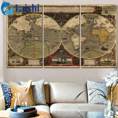 3pcs Vintage world map Diamond Painting Full Round Rhinestone Paintings Diamond Embroidery Cross Stitch Mosaic Home Decoration
