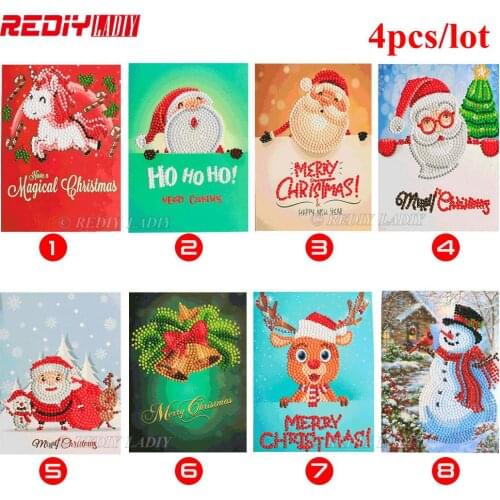 4pcs/lot Diamond Embroidery Christmas Greeting Cards Crystal Round Diamond Painting Postcards Happy New Year Greeting Card Gift