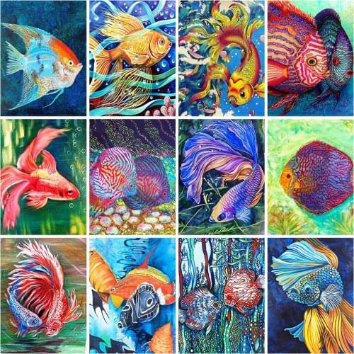 HUACAN DIY Diamond Painting 5d Fish Mosaic Rhinestones Pictures Full Square Diamond Embroidery Animal Home Decor Handicraft