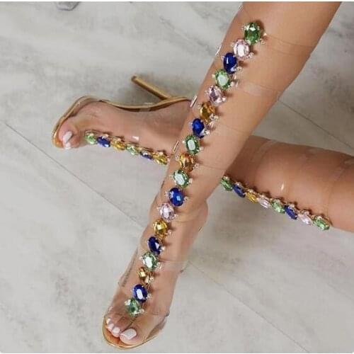Plus Size 43 Bling Bling Crystal Embellished Women Boots Knee High Peep Toe Cut-out Rhinestone PVC Transparent Gladiator Sandals