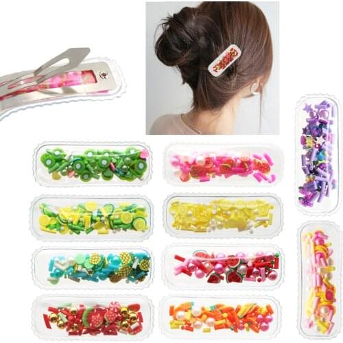 Transparent PVC Pocket with Fruits Polymer Slice Filled Strawberry Watermelon Beads without Hair Clips 10Pcs for DIY Hair Bows
