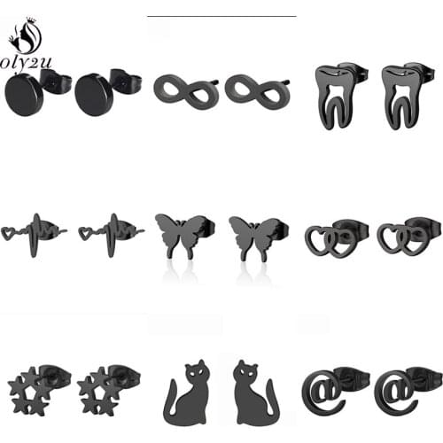 Mutiple Punk Black Earrings for Women Men Hip Hop Jewelry Small Stainless Steel Tooth Cat Letter Round Ear Studs Friend Gifts