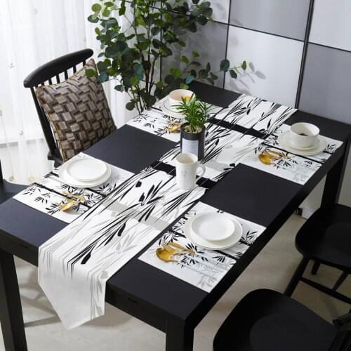 Black White Bamboo Chinese Style Table Runner Set Cotton Linen Mat Tablecloth Dining Table Decor Wedding Table Decoration