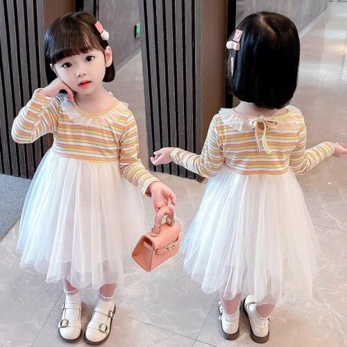 Kids Girls Dress 2021 Spring Autumn New Cute Mesh Patchwork Stripe Long Sleeve Princess Vestidos 2-6 Year Fashion Child Clothing