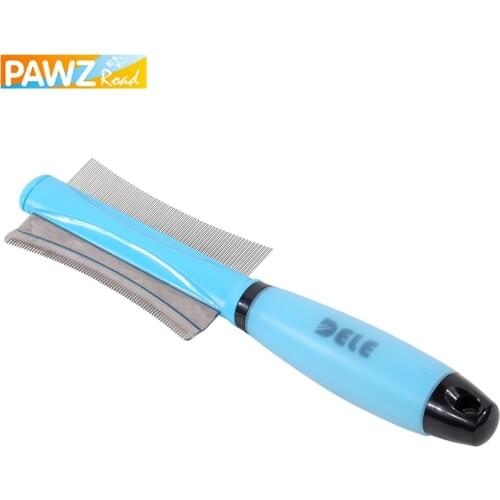 PAWZRoad 2 in 1 Pet Cat Dog Double Side Comb For Dogs Stainless Steel Pin Fur Grooming Blue Hair Shedding Tool Safety Dog Brush