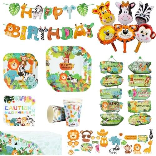 Jungle Animals Disposable Tableware Woodland Jungle Decor Safari Party Supplies 1st Birthday Party decoration Kids Baby Shower