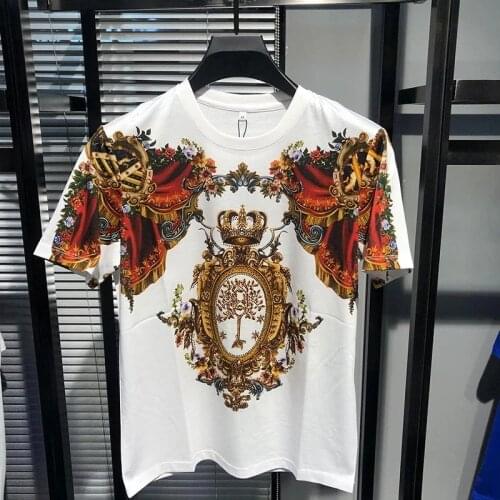 Spring/Summer European American Short-Sleeved T-Shirt Mens Trends Crown Digital Diamond Luxury Chic Printing Round New Neck