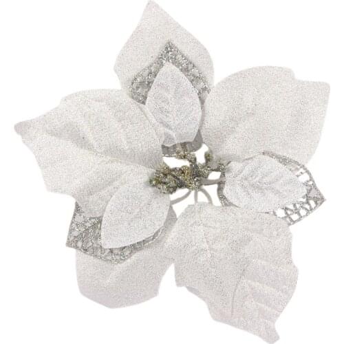 15 PCS Artificial Christmas Flowers Decorations Xmas Tree Ornaments Glitter Gold/Silver with Clips