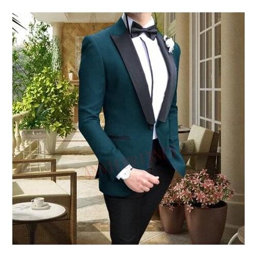 ANNIEBRITNEY 2020 Men Suit 2 Piece Casual Dark Blue Prom Wedding Suits for Groom Slim fit Tuxedo Business Blazer with Pants Set