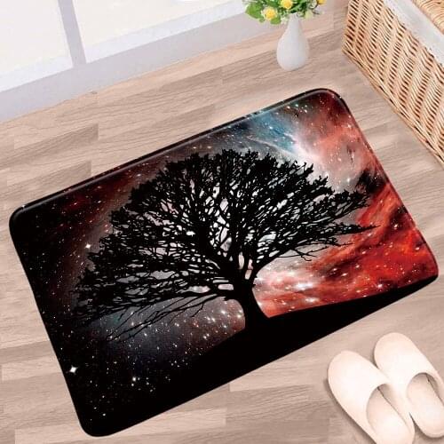 Starry Sky Bath Mats Fantasy Universe Trees Black Background Pattern Non-slip Rugs Flannel Home Bathroom Kitchen Entrance Carpet