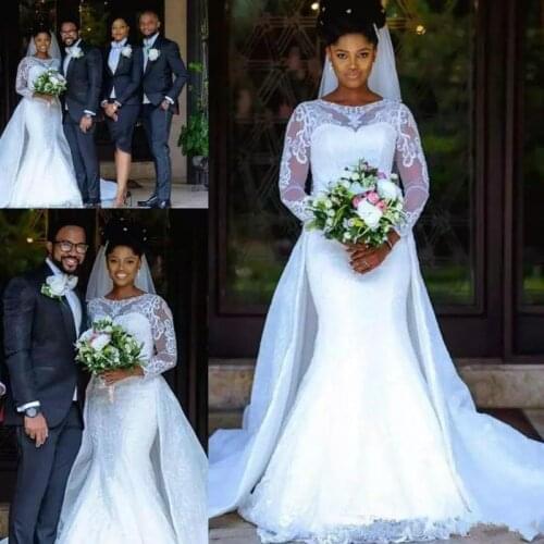 Illusion Mermaid Lace Wedding Dresses Detachable Skirt Sheer Long Sleeve African Arabic Country Bridal Gowns Custom Made