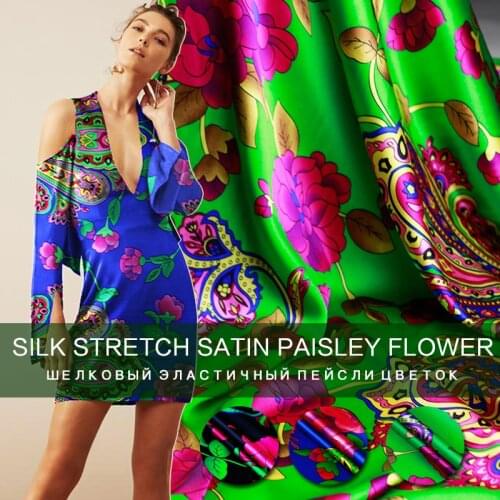 PearlSilk Store Symmetrical paisley flower silk stretch satin impermeable high-end clothing summer dress fabric Free shipping