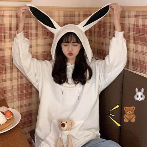 Sweet Cute Preppy Style Rabbit Ears Plus Velvet Thick Hoodies Women Long Sleeve Pullover Big Pocket Kawaii Sweatshirts for Girls