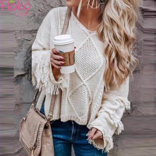 Flokocloset Fashion Loose Knitted Solid Tassel V-Neck Sweater Women Long Sleelve Tassel Jumpers Autumn Winter Clothing Pullovers