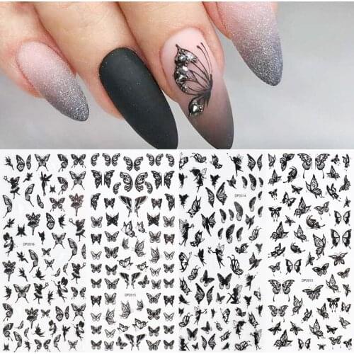 1 Sheet Black Butterfly Art Stickers for Manicure Rose Flower Nail Design Adhesive Slider Nails Art Decoration Stickers for nail