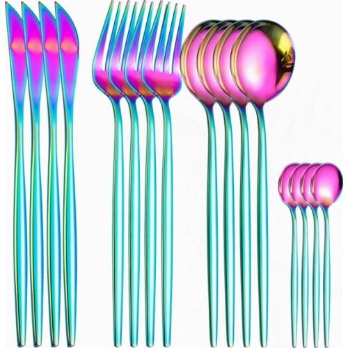 Stainless Steel Cutlery Set 16 Pieces Black Gold Cutlery Set Rainbow Kitchen Tableware Fork Spoon Knife Set Dinnerware Set
