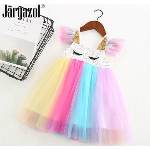 2019 Girls Dress Girls Eyelash Sequins Petal Sleeves Rainbow Dress Cute Lovely Elsa Princess Tutu Dress Toddler Girl Dress