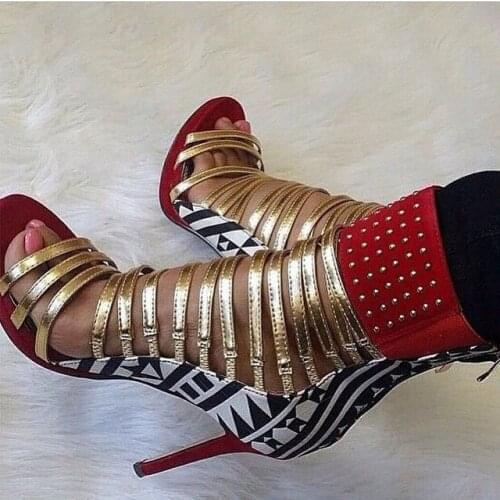 Multi-color gold strappy peep toe high-cut sandal bootis rivets wide ankle strap printed leather stiletto heel pumps