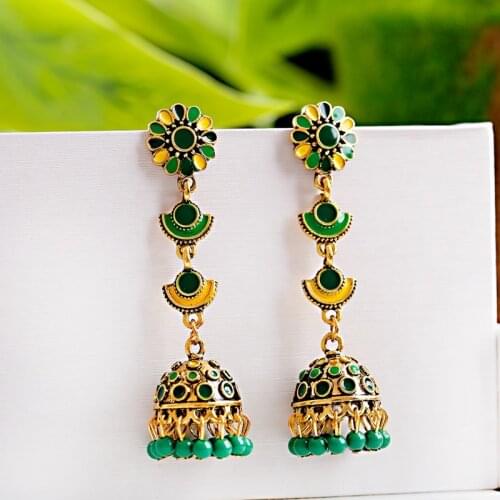 Retro Elegant Womens Afghan Green Flower Indian Earrings Ethnic Gypsy Gold Jhumka Beads Wedding Earrings Jewelry Bijoux