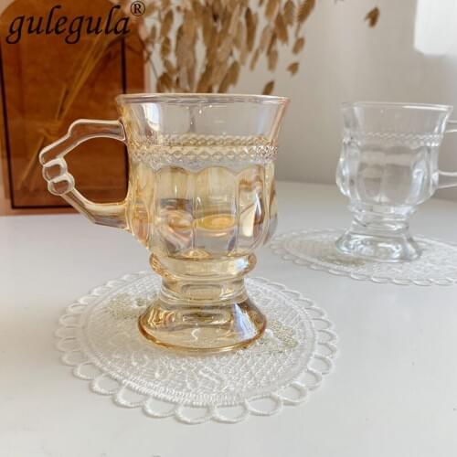 French Relief Romantic Amber Coffee Cup Milk Yogurt Cup Transparent Glass Beer Glass Whiskey Glass Cup Heat-Resistant Handle Cup