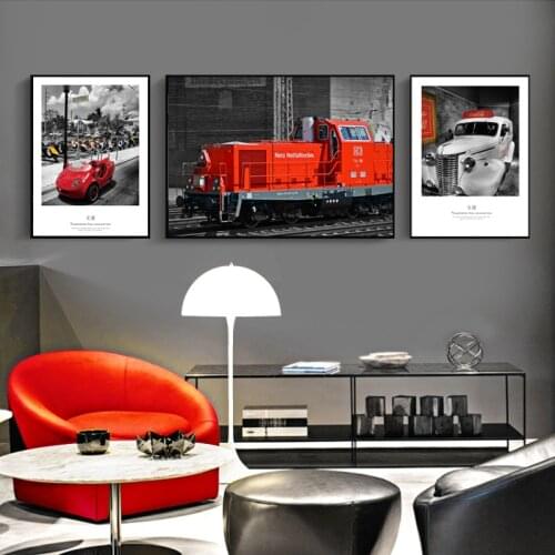 Nordic Red Car Train Landscape Posters and Prints Black White Wall Art Canvas Paintings Pictures for Living Room Home Decor