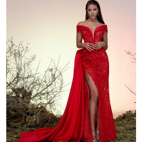 Sexy Red Prom Dresses with High Side Split Lace Off the Shoulder Mermaid Evening Dress Long Train Women Formal Party Gowns