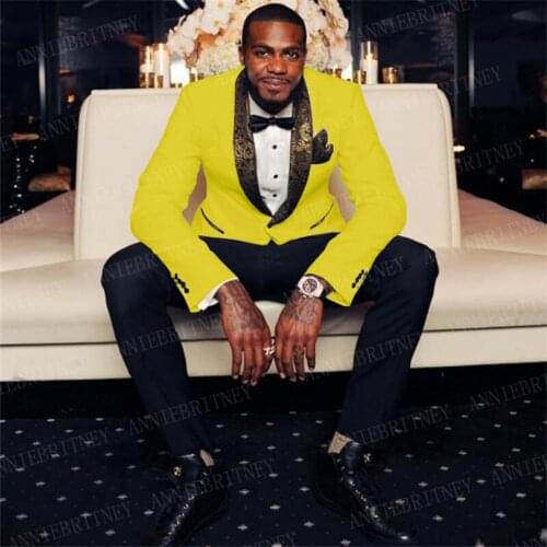 Stylish Yellow Suit Men with Gold Lapel Custom Slim fit Blazer Mens Wedding Suits Fashion Groom Tuxedo Jacket Pants 2 Pieces