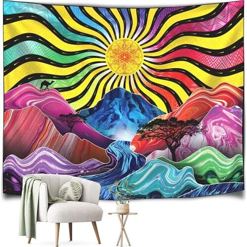 Trippy Psychedelic Colorful Sun Mountains River and Trees Room Decor Tapastrys Wall Hanging Hippie Tapestry Decoration Mural
