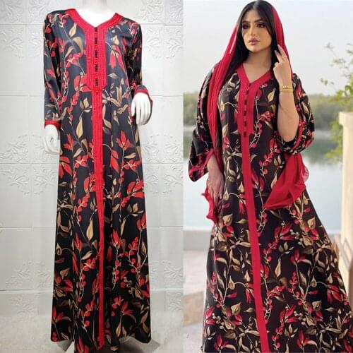 Turkish Ethnic Style Muslim Women Long Dress Floral Print Maxi Robe Gown Middle East Dubai Islamic Jalabiya V-neck Abaya Arabic