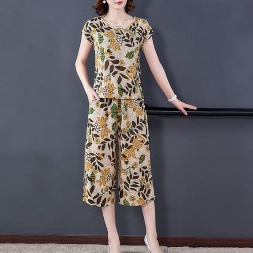Middle-aged Women 2 Piece Set Summer Suits Short-sleeved Print Tops+Pants Large Size Two-piece Female Fashion Clothing Sets L512