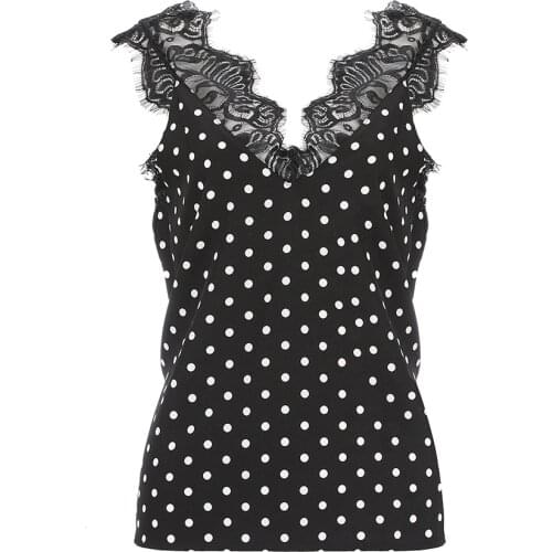 Women Elegant Polka Dots Casual Sleeveless Lace Patchwork Stitching Sexy V Neck Open Back Tank Top