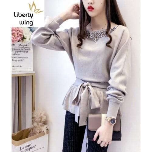 Ladies Fashion Long Sleeve Drawstring Waist Womens Knitting Pullovers Autumn Winter Euro Diamonds Female Solid Slim Fit Sweaters