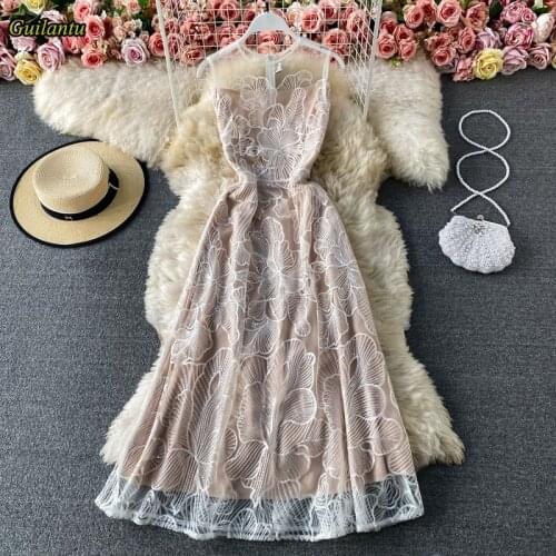 Guilantu Women Summer Lace Long Dress Vestidos Mujer O Neck Sleeveless Floral White Dress Elegant Evening Party Dresses Female