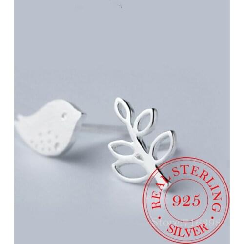 100% 925 Sterling Silver Bird Leaf Stud Earrings For Women Creative Lady Fashion Jewelry pendientes