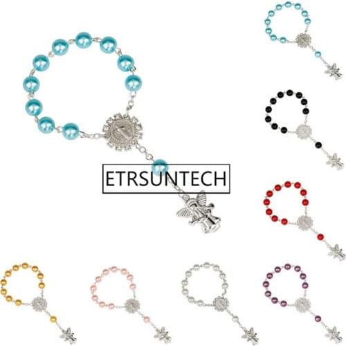 100pcs Religious Bracelet Pearl Imitation Rosary Childrens Communion Babys Baptism Favors Catholic Mini Rosary