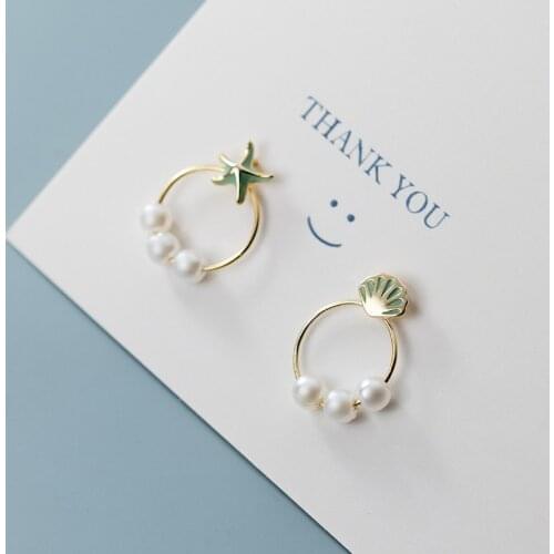 925 Sterling Sliver Starfish Shell Cute Stud Earrings Lady Asymmetric Ring Shell Beads Synthetic Pearl Women Dangle Earrings