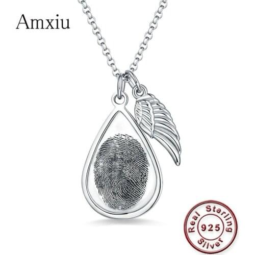 Amxiu Personalized 925 Sterling Silver Necklace Custom Fingerprint Necklace Water Drop Wing Pendant Necklaces For Lovers Gifts