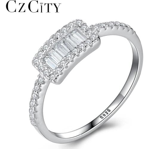 CZCITY Real Sterling Silver 925 Rings in Engagement Ring for Women Rectangle Shape Prong Setting Clear Cubic Zirconia Jewellery