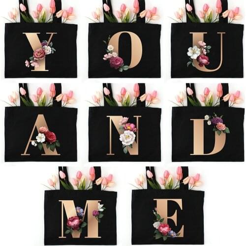 Flower Alphabet A-Z Zipper Canvas Tote Shopping Bags Reusable Shoulder Bag Shopper Storage High Capacity Bachelorette Party Gift