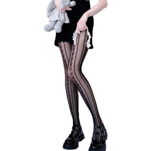 Y1QD Women Girls Dark Heart Striped Pantyhose Gothic Punk Sexy Hollow Out Fishnet Mesh Black Tights Japanese Lolita Kawaii