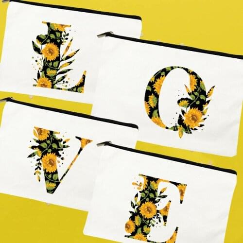Letter Sunflower Print Girl Makeup Bags Women Cosmetic Case Toiletries Organizer Female Clutch Storage Make Up Pouch Pencil Bags