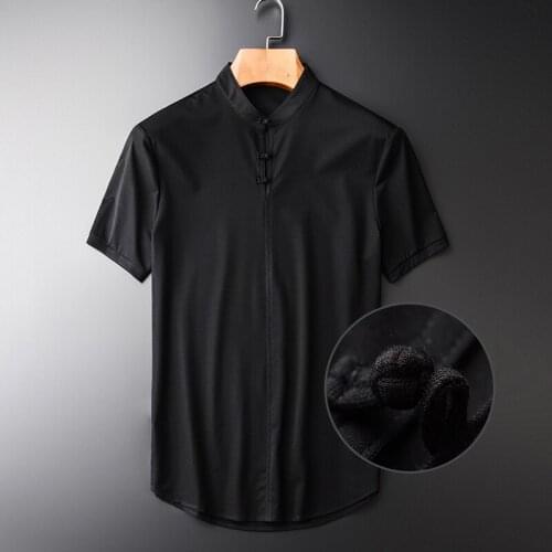 Summer Thin New Chinese Style Bottons Stand Collar Mens Hight Quality Slim Black Fashion Men T-shirts M-3XL 4XL