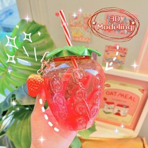 Summer cartoon kawaii strawberry straw cup plastic cup cute girl milk tea coffee cup student portable water cup water bottle