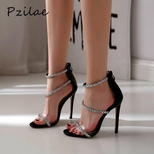 Pzilae Fashion rhinestone sandals women 2020 sexy bling crystal high heel women sandals back zipper cover heel party shoes black