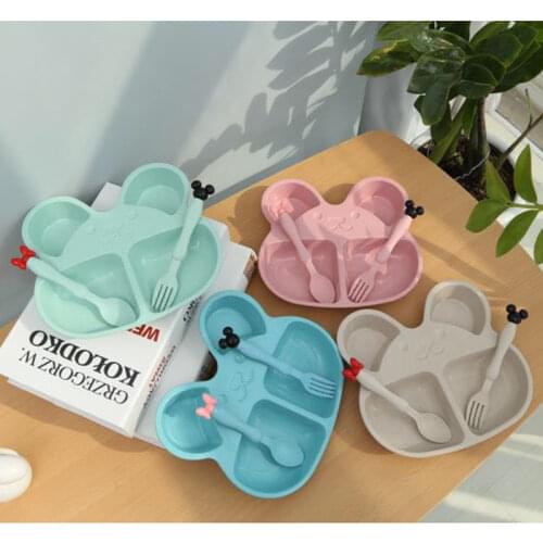 Wheat Straw Plates Baby Training Bowl Plate+spoon+fork Cute Bear Kids Tableware Set OPP Packaging