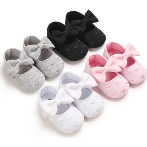 Infant Baby Girl Solid Color Crib Shoes Anti-Slip Soft Sole Heart Print Baby Cotton Shoes Bow First Walkers