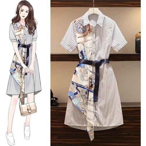 Striped shirt dress female plus size 2021 summer new style Korean style fashion design color matching mid-length printed dress